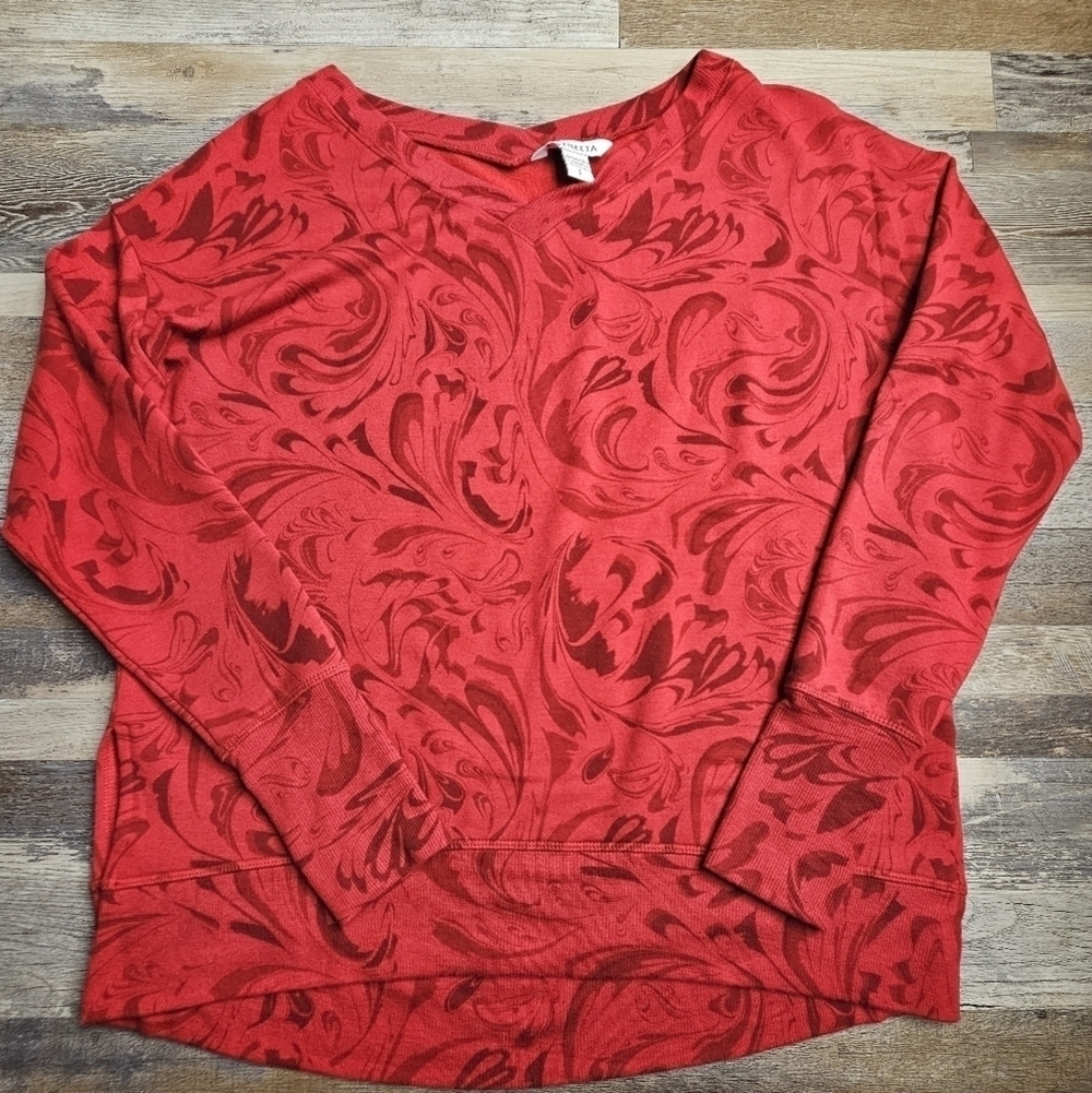 Athleta Coaster Luxe Sweatshirt Holiday 2022 Small Red with Black Swirls pattern